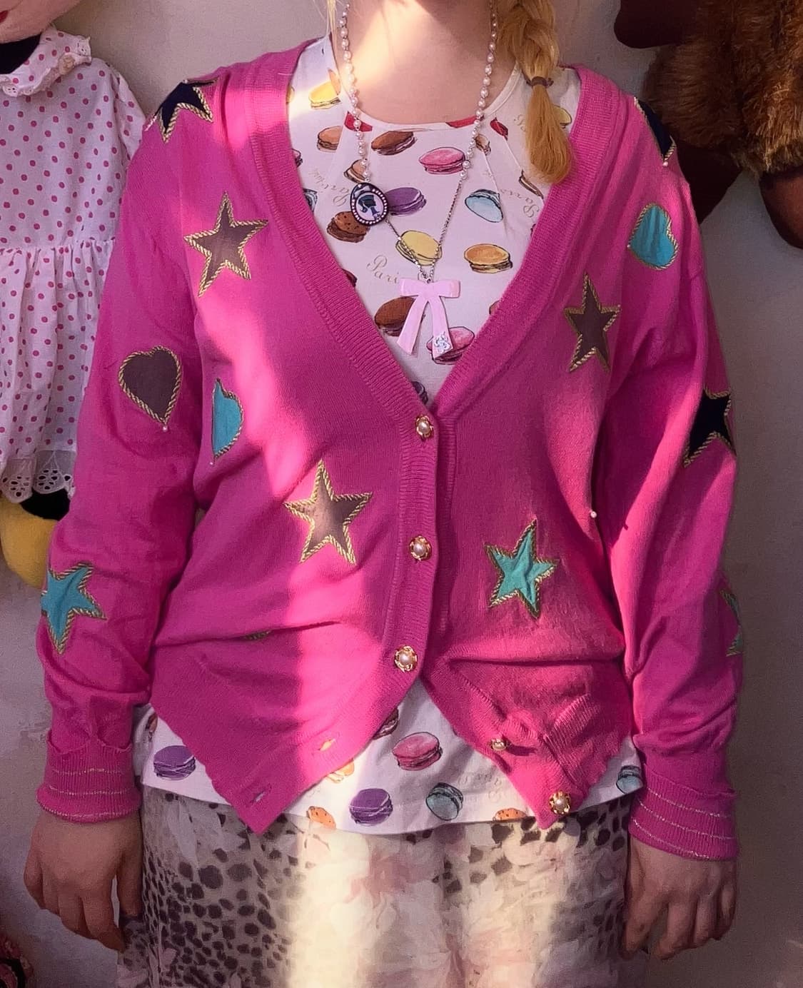 jpn 핫핑크 하트 별 데코 가디건 상품이미지1