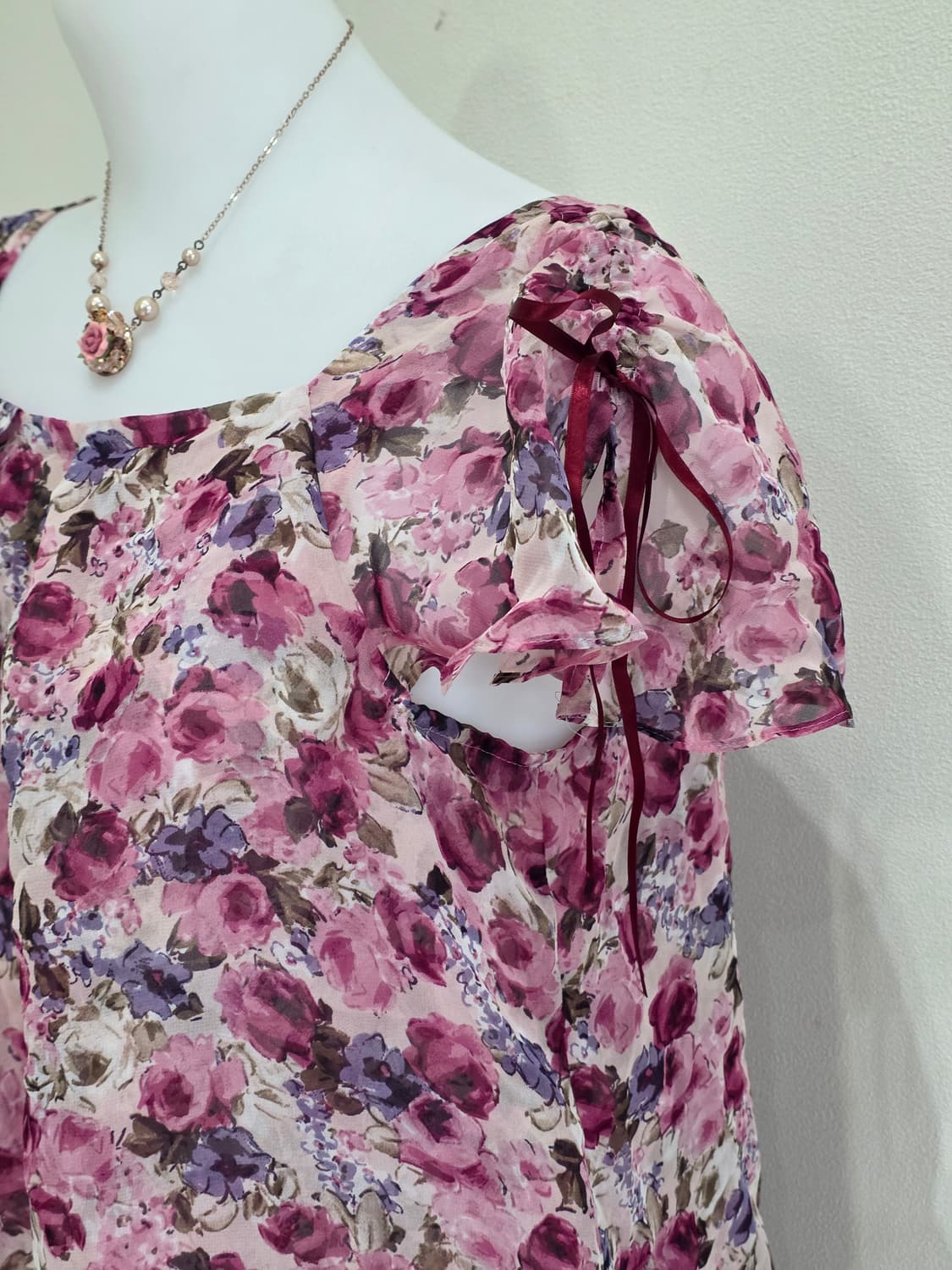 일본빈티지)핑크로즈 리본 백예린깔 쉬폰 로맨히메갸루모리걸 블라우스 상품이미지3