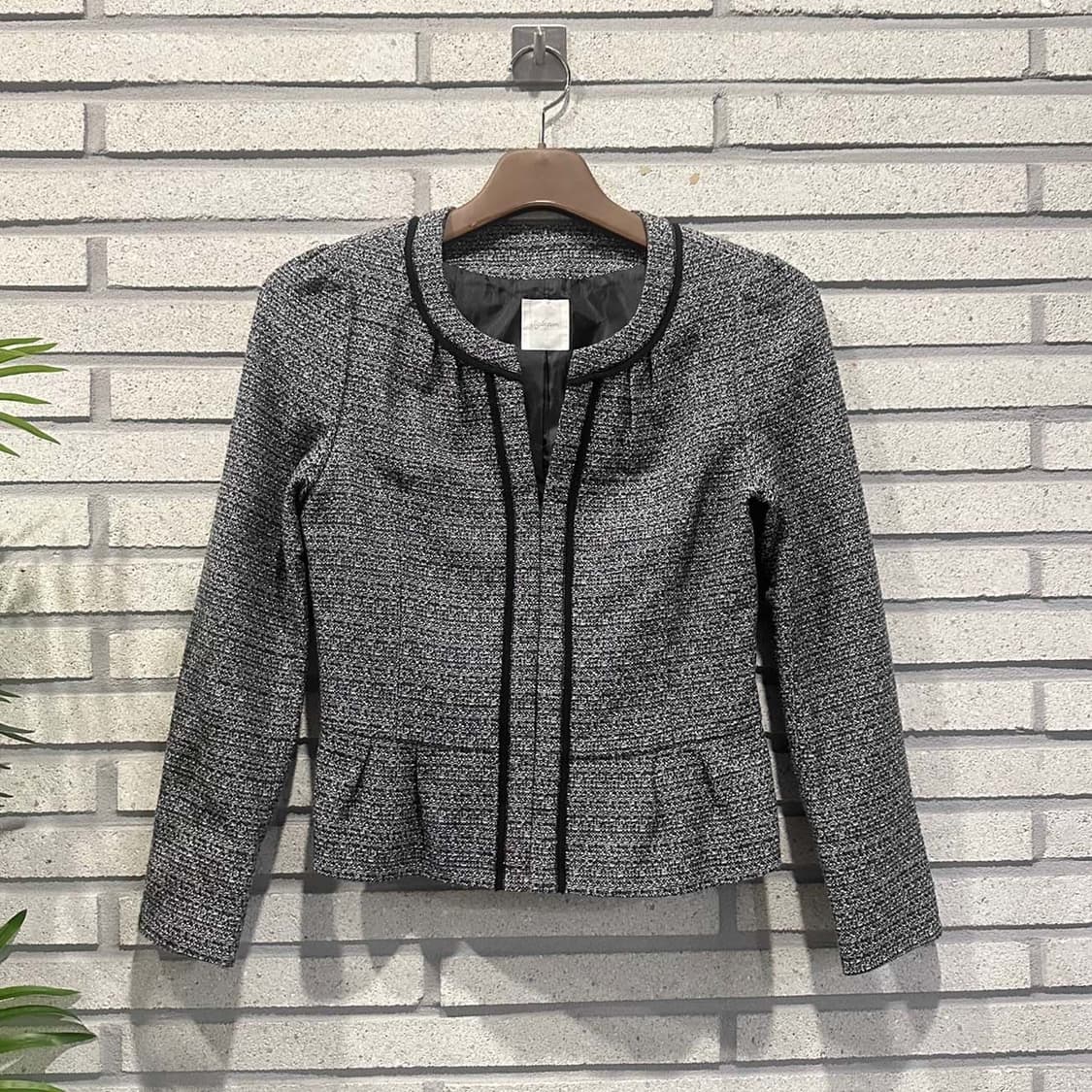 JPN VINTAGE 크롭 트위드 자켓 노카라 파이핑 핀턱 디테일 차콜 상품이미지1