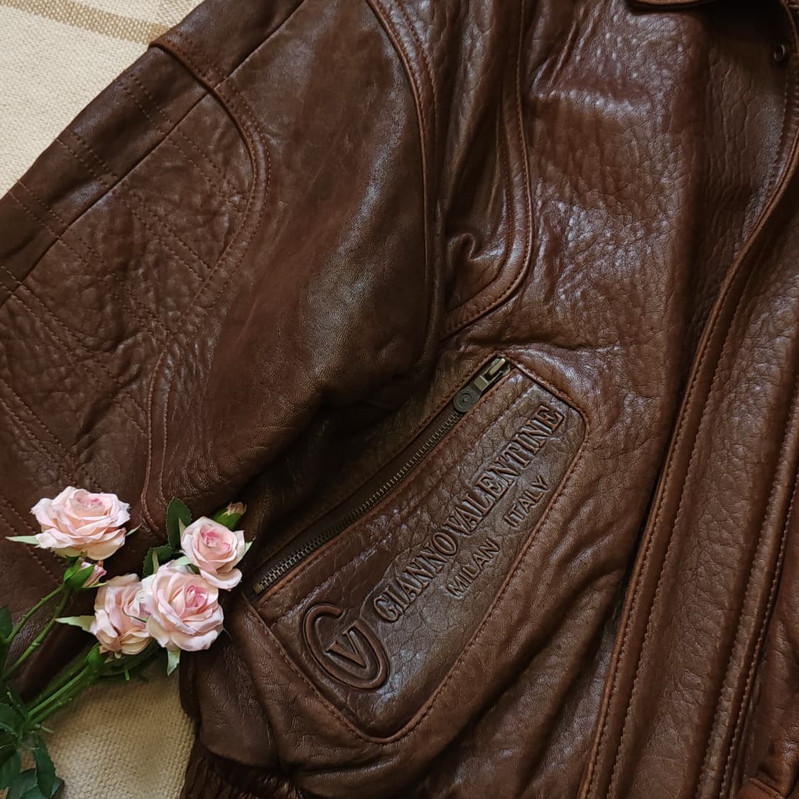 90s 지아니 발렌티노 빈티지 가죽자켓 레더 봄버 헤비레더 브라운 L 상품이미지9