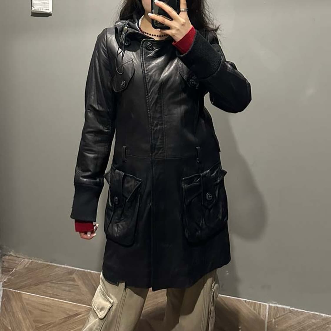 JPN VINTAGE 미디 레더자켓 셔링카라 빅 플랩포켓 디테일 블랙 상품이미지6