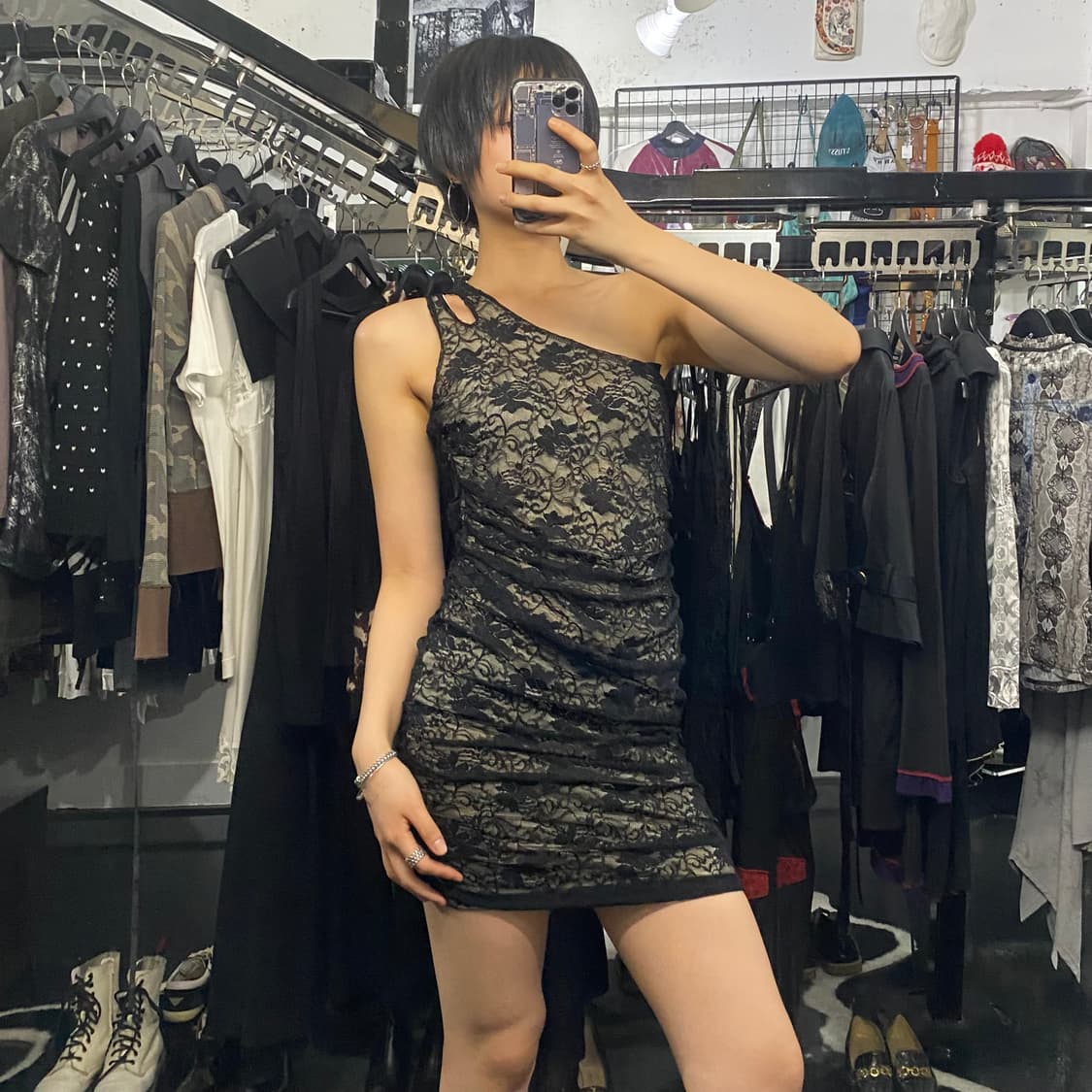 Japanese vtg 블랙 셔링 레이스 하프 오프숄더 미니원피스 상품이미지7