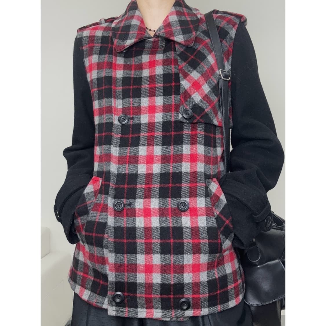 빈티지 레드 체크 하프 코트 상품이미지1
