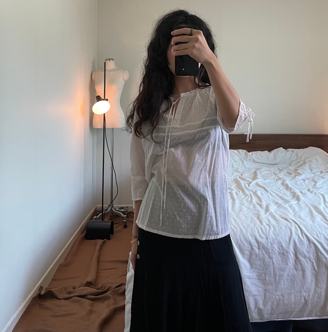 도트 레이스 리본넥 퍼프 블라우스 상품이미지6