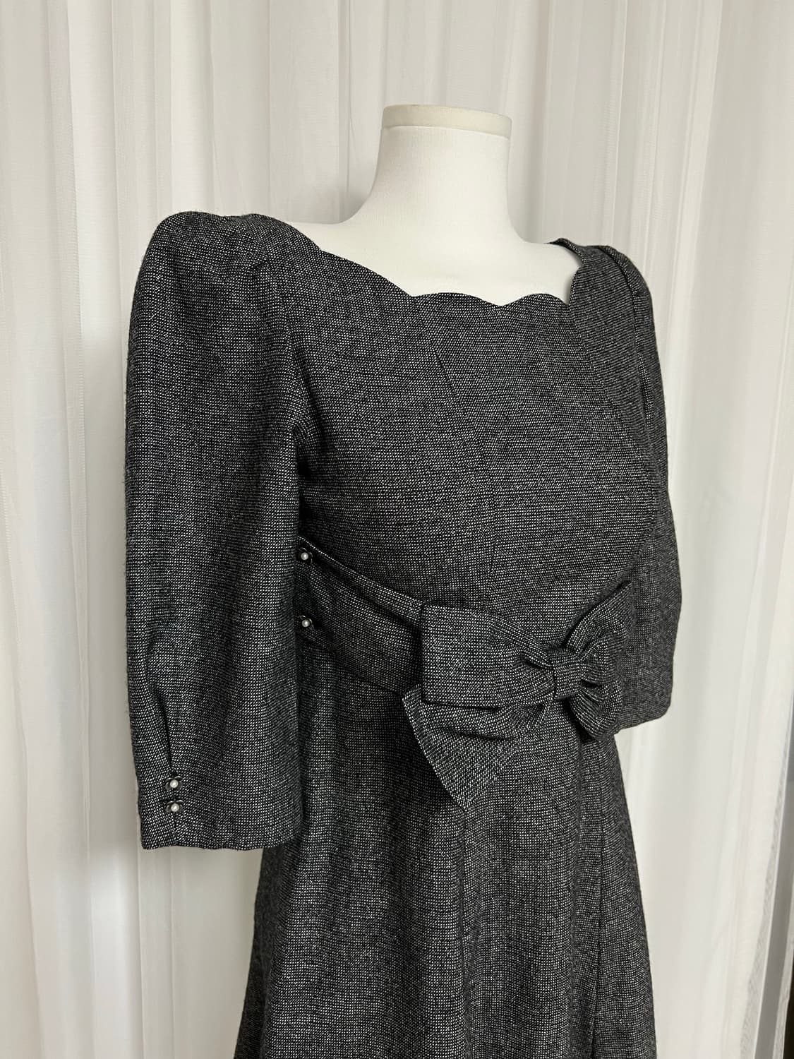 회색 트위드 플라워버튼 리본 원피스 상품이미지4