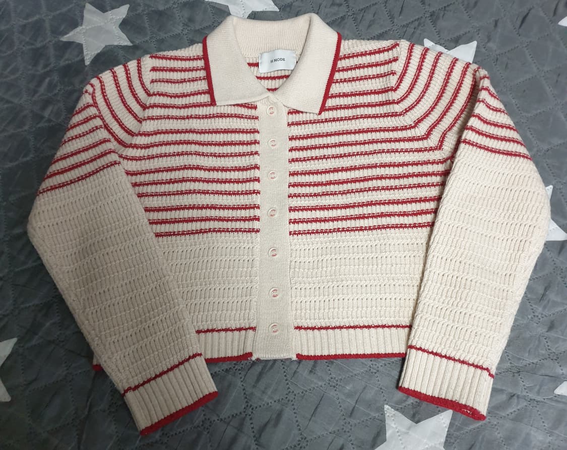 에이치모드  로빈 스트라이프 메리노울 크롭 카라 가디건 레드 (F) 상품이미지1