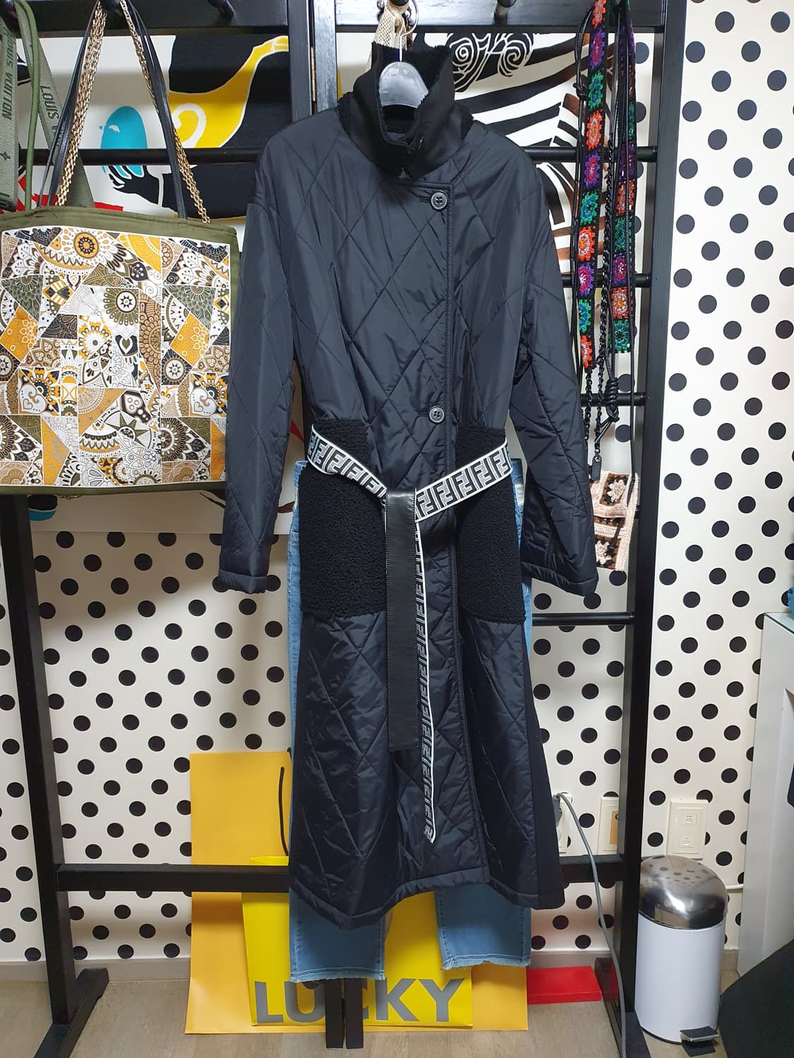 리얼 무스탕 카라 주머니 패딩 롱코트 M 상품이미지1