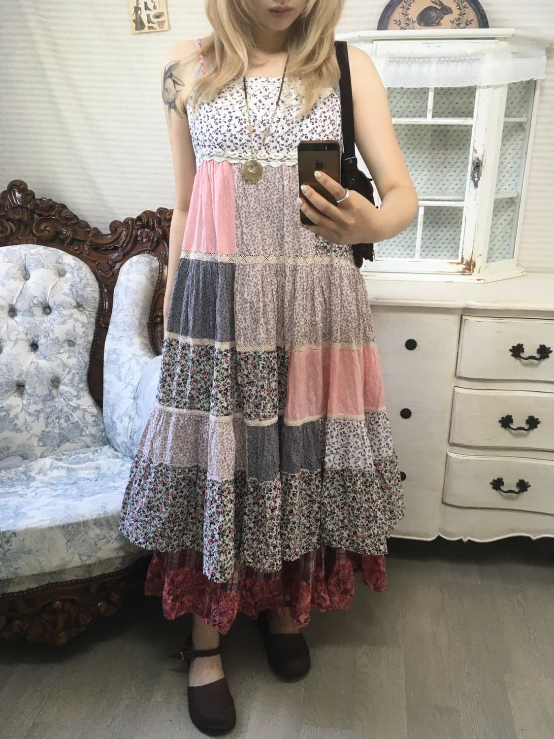 jpn vintage 하구미 패치워크 잔꽃 원피스 상품이미지2