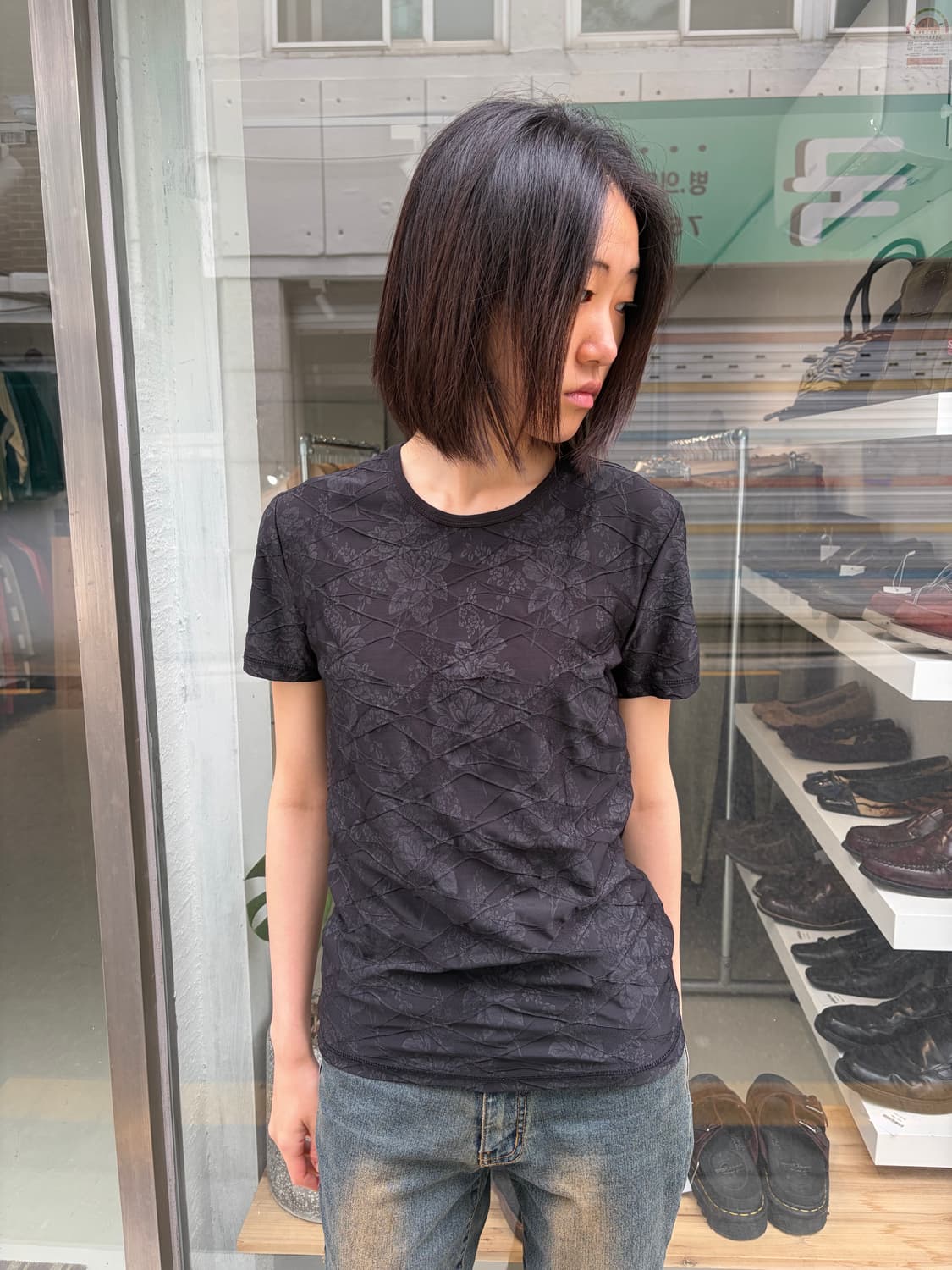 Huishang 플로럴 패턴 레이어드 반팔 티 M 상품이미지1