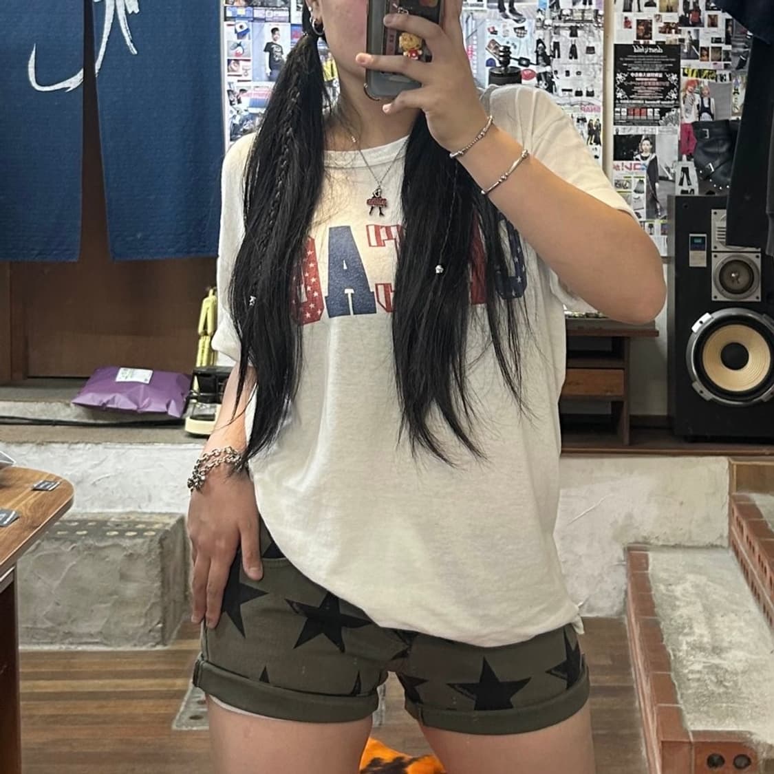 빈티지 스타 패턴 프린팅 카키 숏 팬츠 상품이미지2