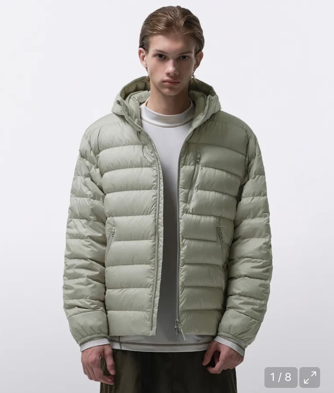 [M] 무신사 스탠다드 시티 레저 후디드 라이트 경량 패딩 피스타치오 상품이미지1