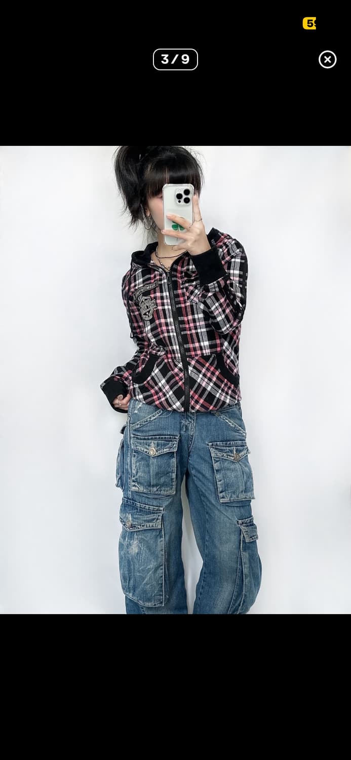 일본빈티지 핑크체크 투웨이 후드집업 상품이미지3