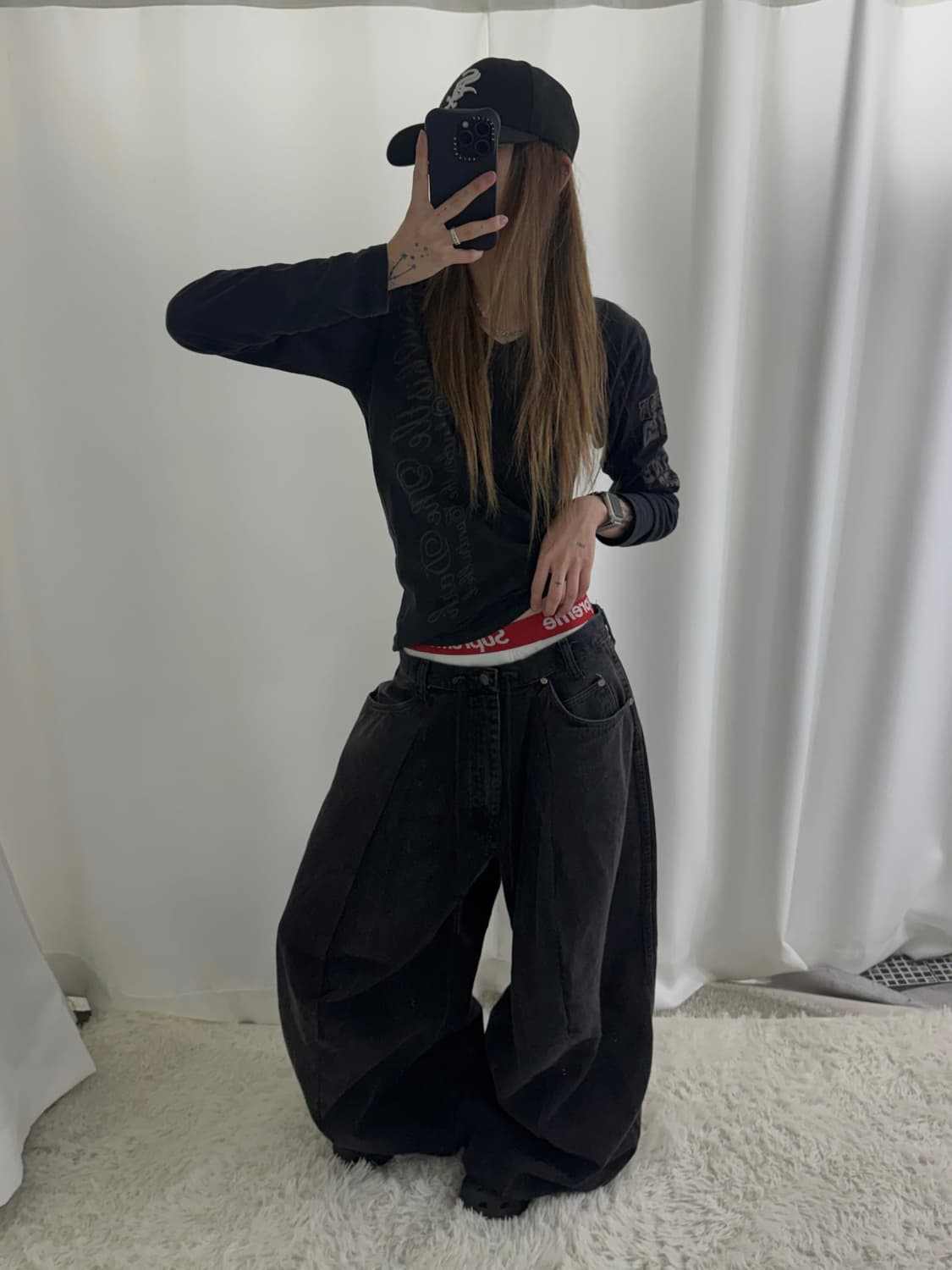빅와이드 밴딩조거스트링 빈티지 흑청 팬츠 상품이미지6