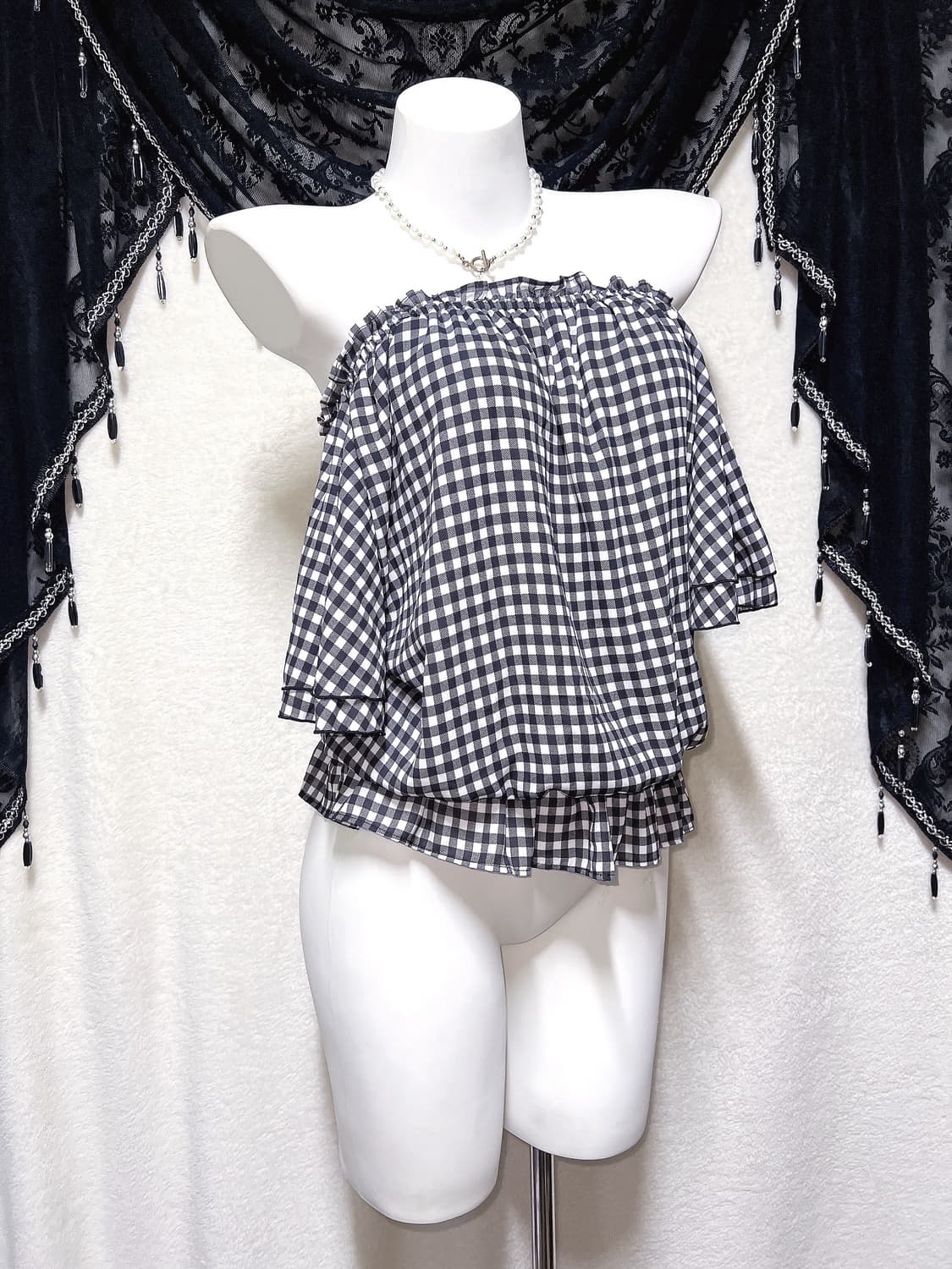잉그니 ingni 로맨틱갸루 체크 오프숄더 블라우스 로걀탑 튜닉 러블리 상품이미지3