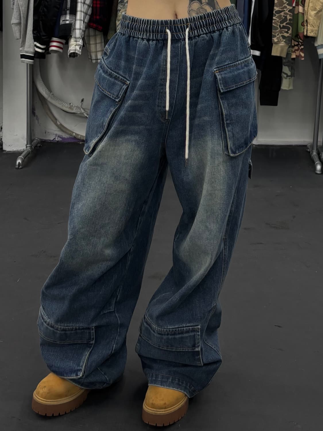 밴딩 와이드 데님 카고팬츠 상품이미지2