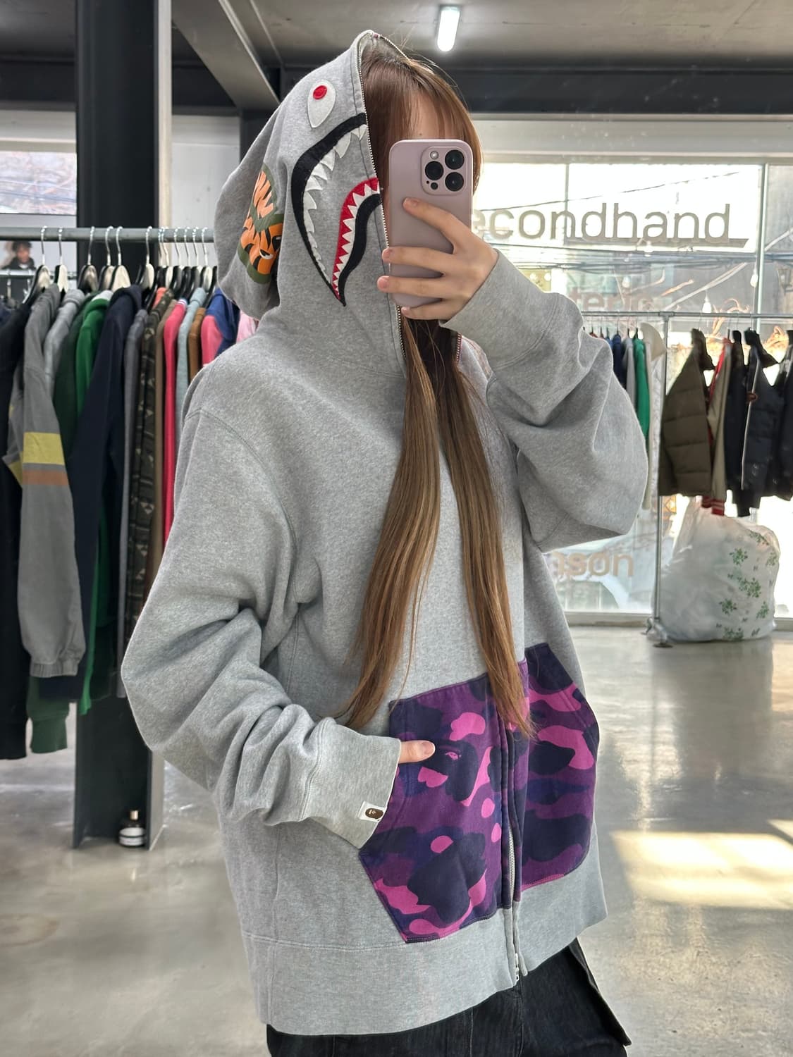 베이프 샤크 카모 풀 후드집업 그레이퍼플 상품이미지3