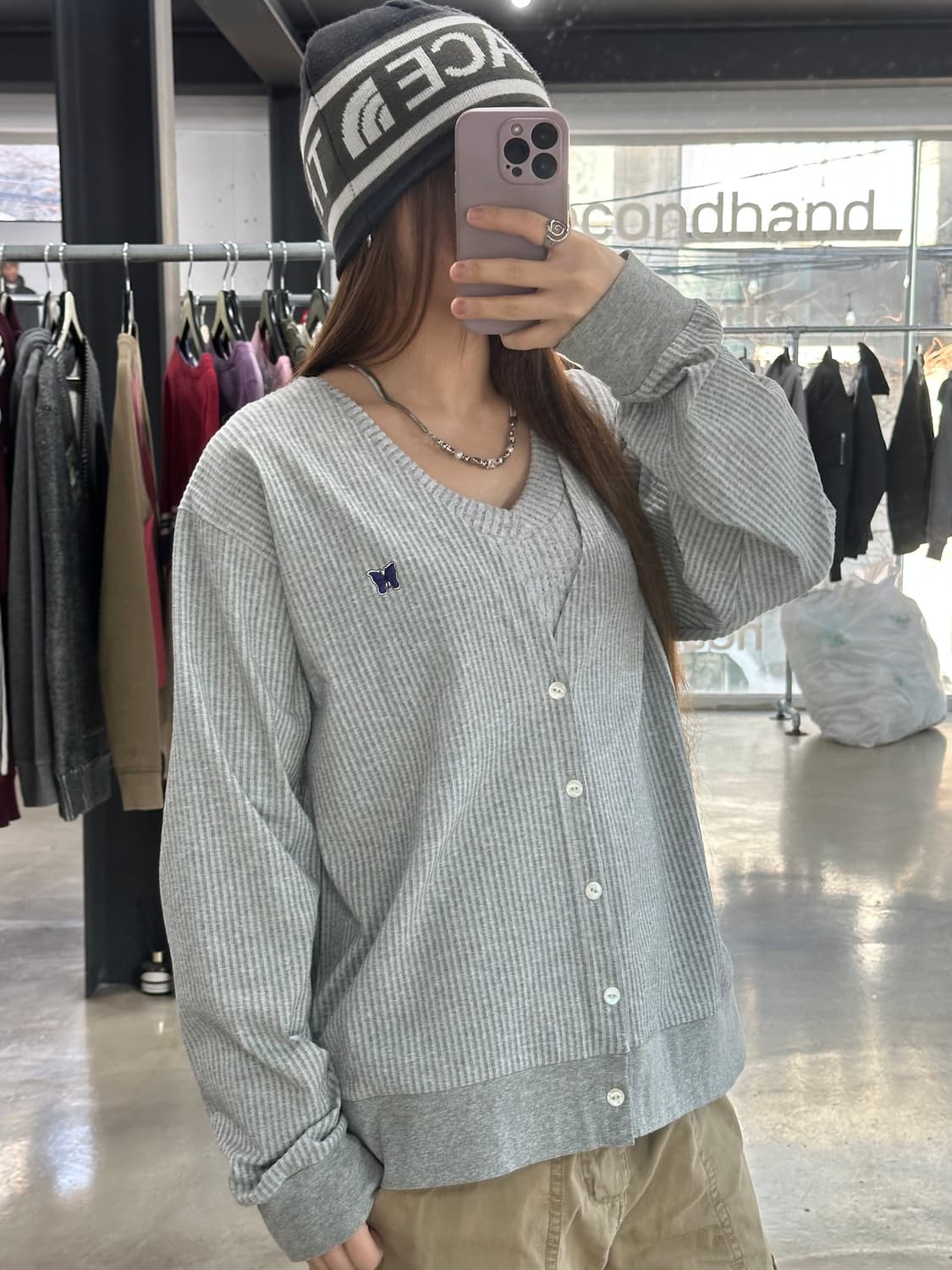 니들스 시어서커 저지 브이넥 가디건 상품이미지1