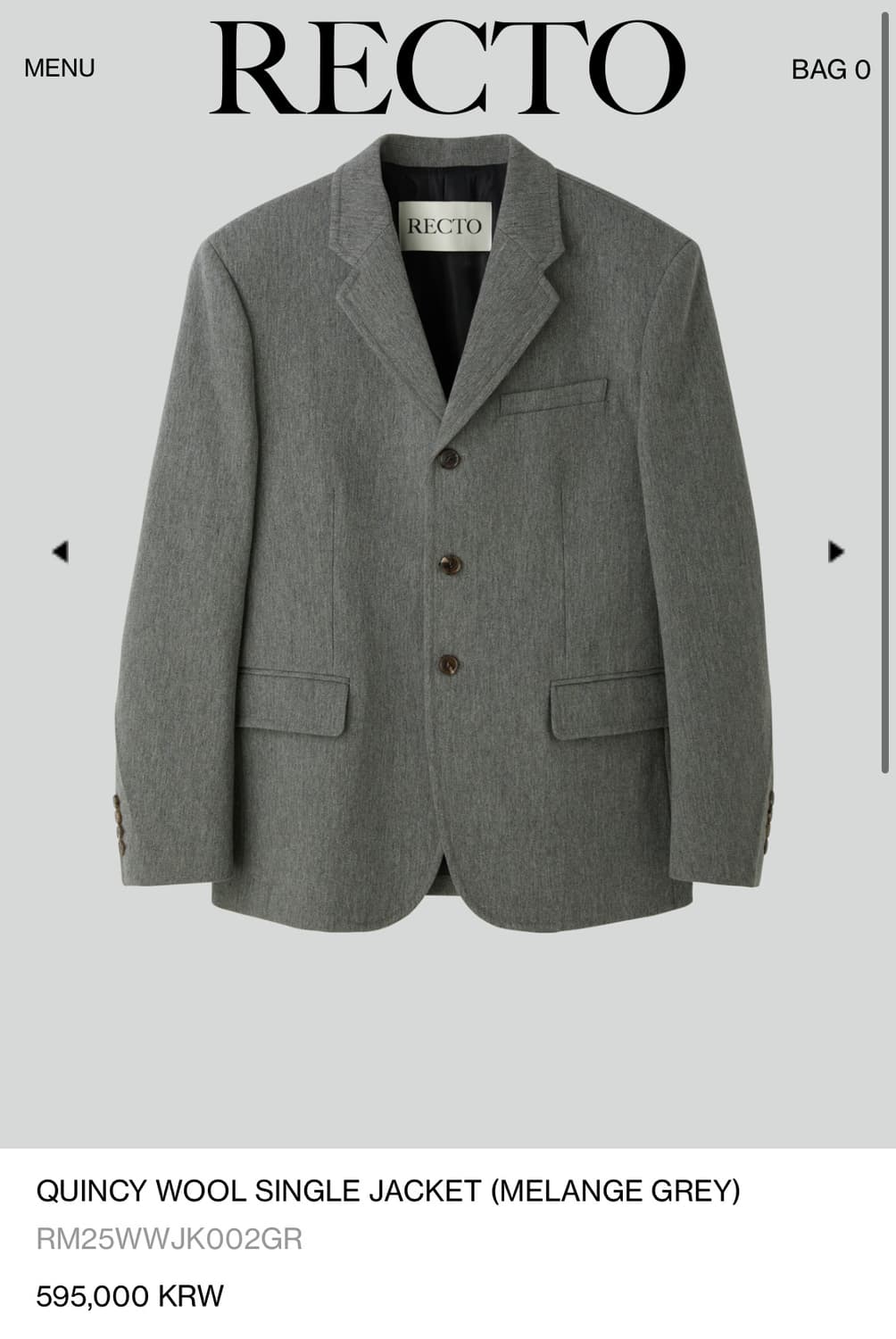 렉토 퀸시 울 싱글자켓 멜란지 그레이(m) 상품이미지1