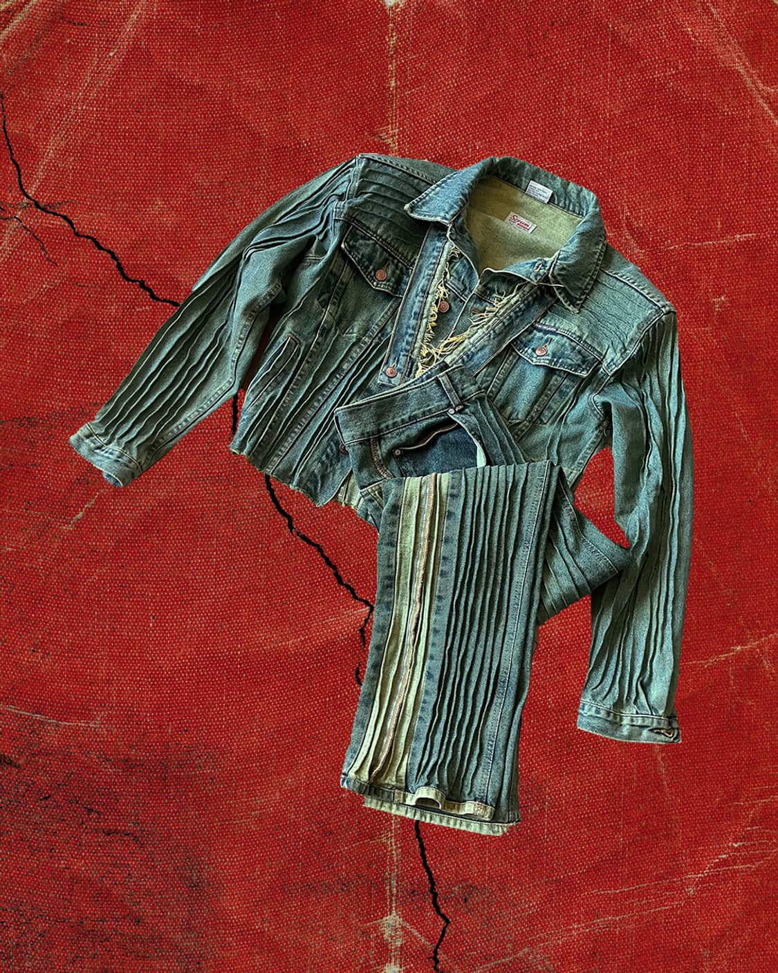 Japanese 90s 그린 워싱 주름가공 리메이크 데님 셋업 105 상품이미지1