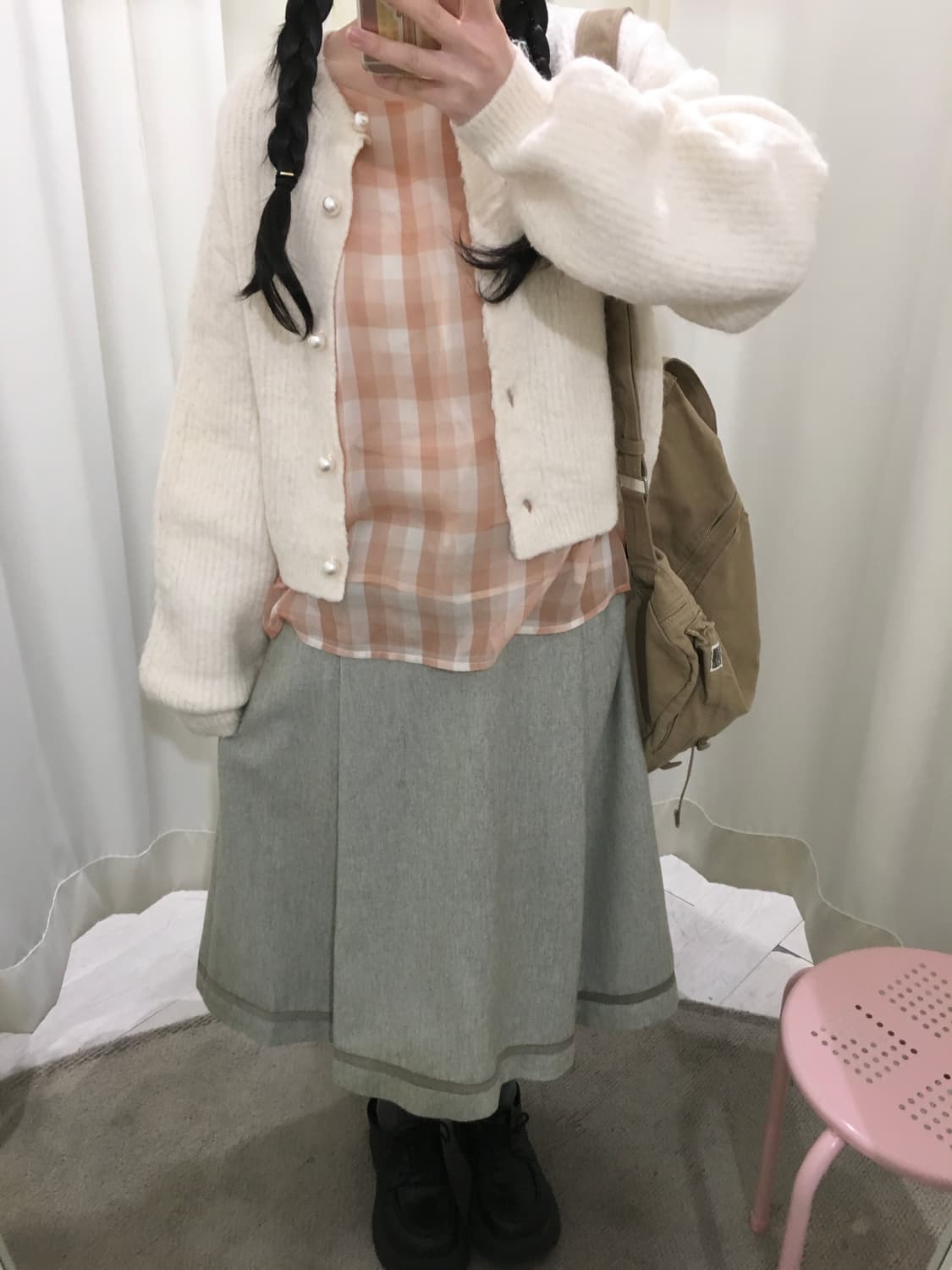 피치 체크 리본 블라우스 상품이미지4