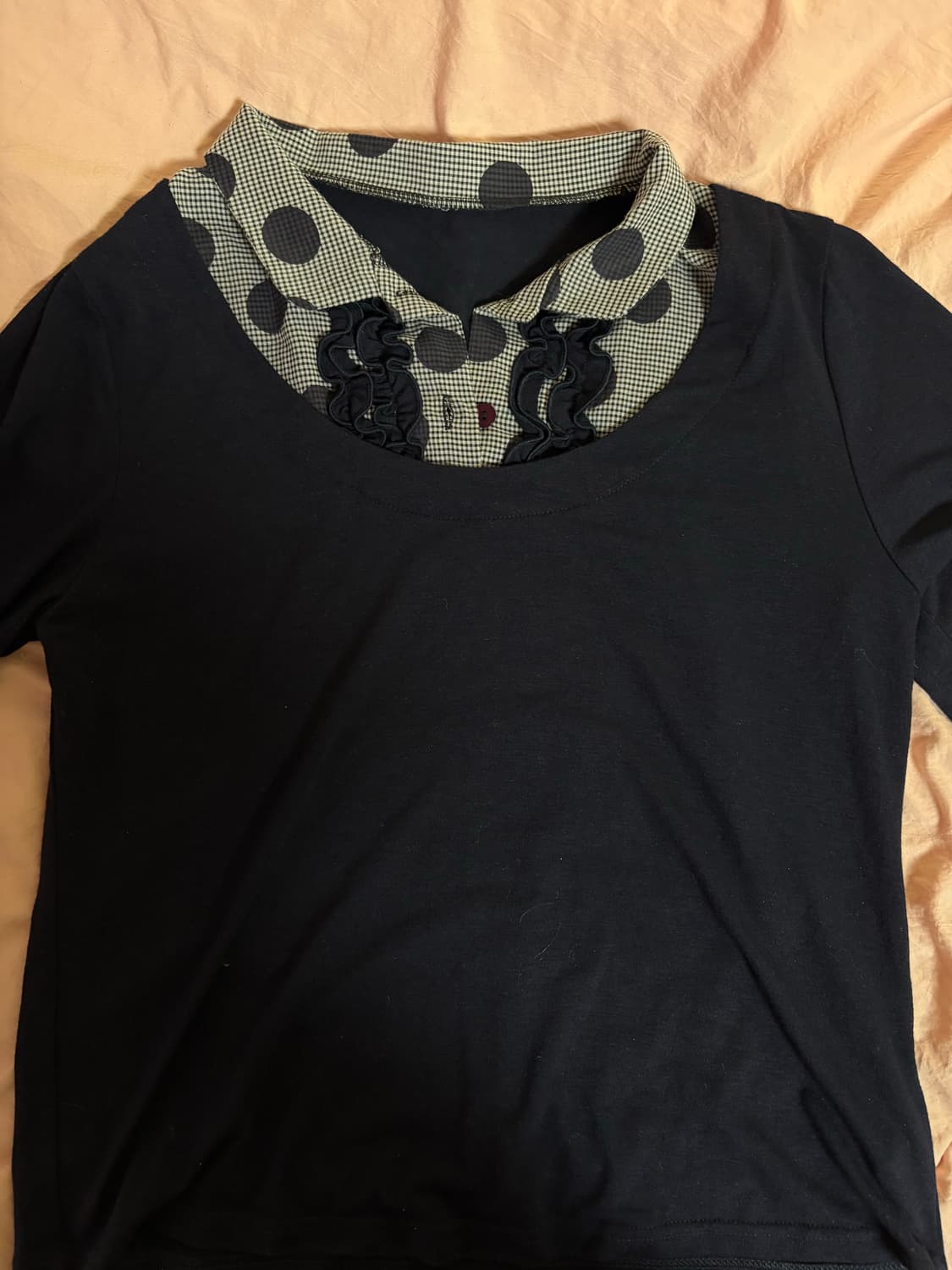 큐트 일본 빈티지 블랙 체크 도트 프릴 긴팔티 상품이미지1