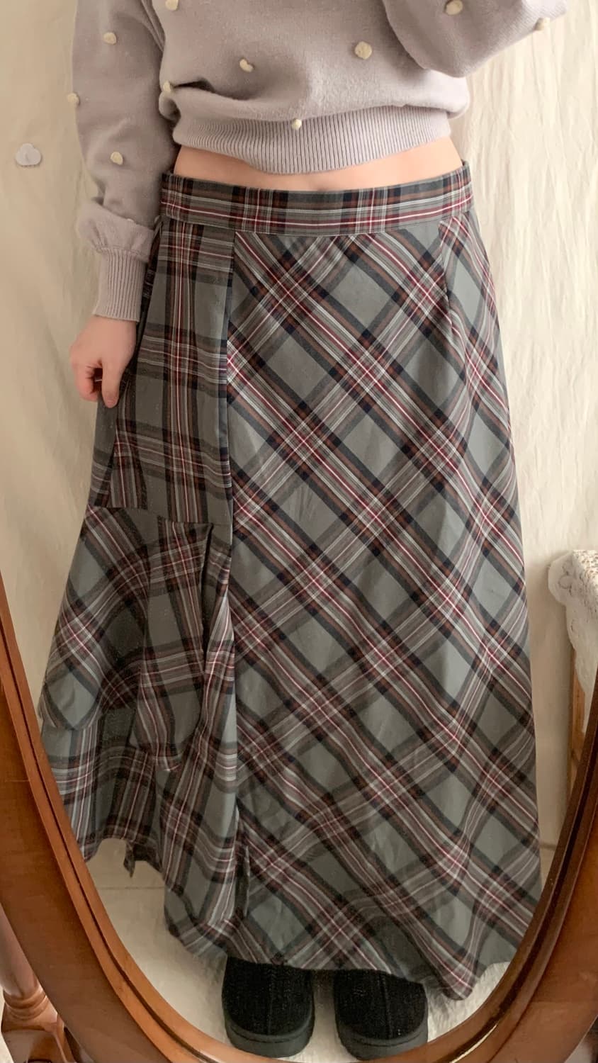 빈티지 언발 셔링 체크 롱스커트 상품이미지4