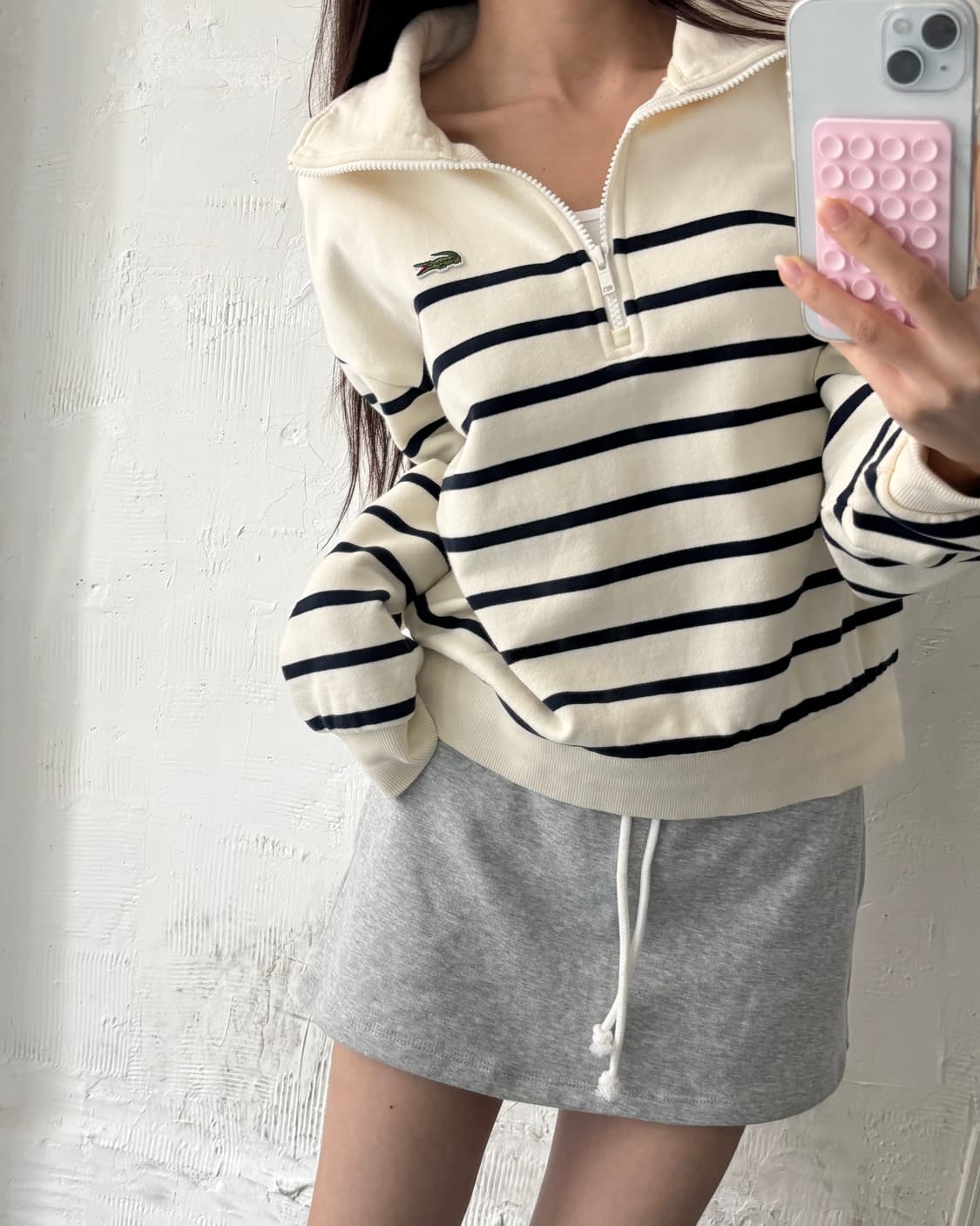 Lacoste 라코스테 아이보리 단가라 하프집업 상품이미지1