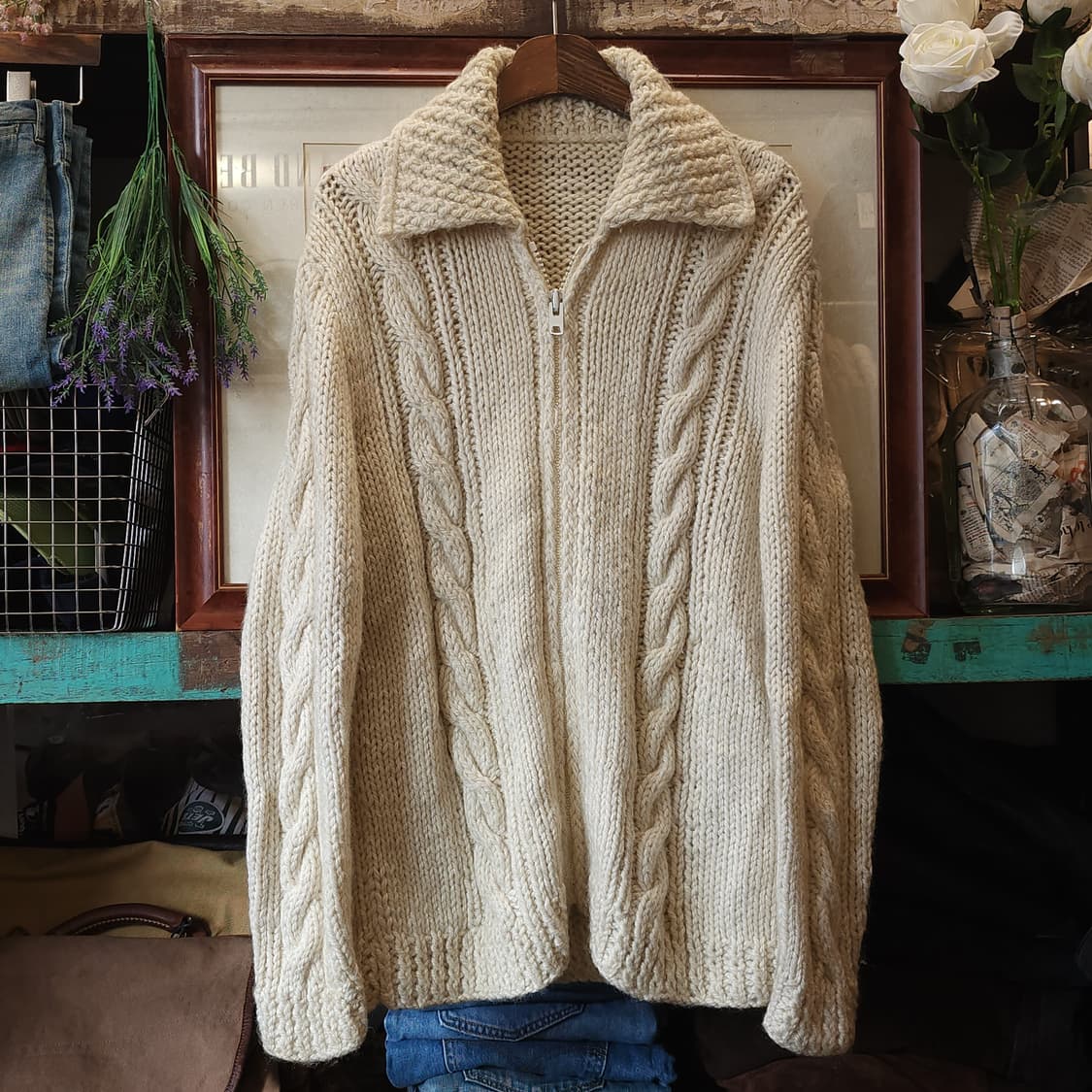 90s 프렌치 핸드메이드 울 가디건 코위찬 헤비울 스웨터 집업 가디건 상품이미지1