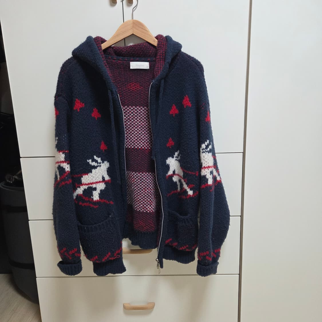 노르딕패턴 네이비 후드 집업 니트가디건 상품이미지1