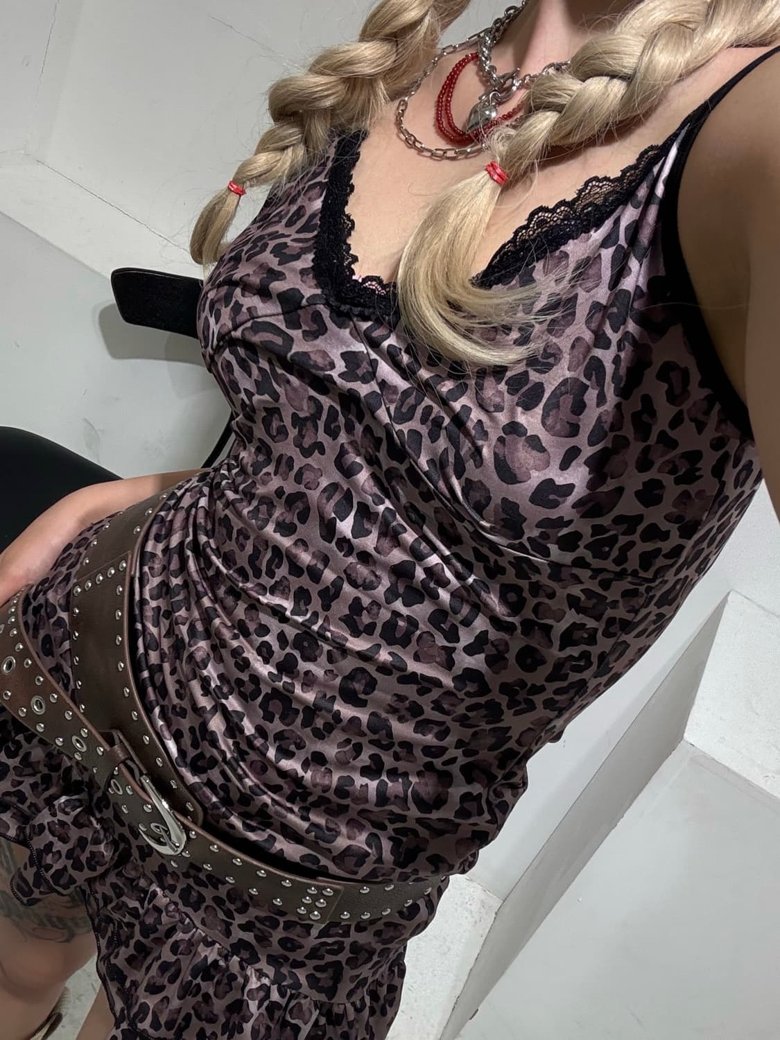 레오파드 호피 레이스 캉캉 미니 원피스  상품이미지1