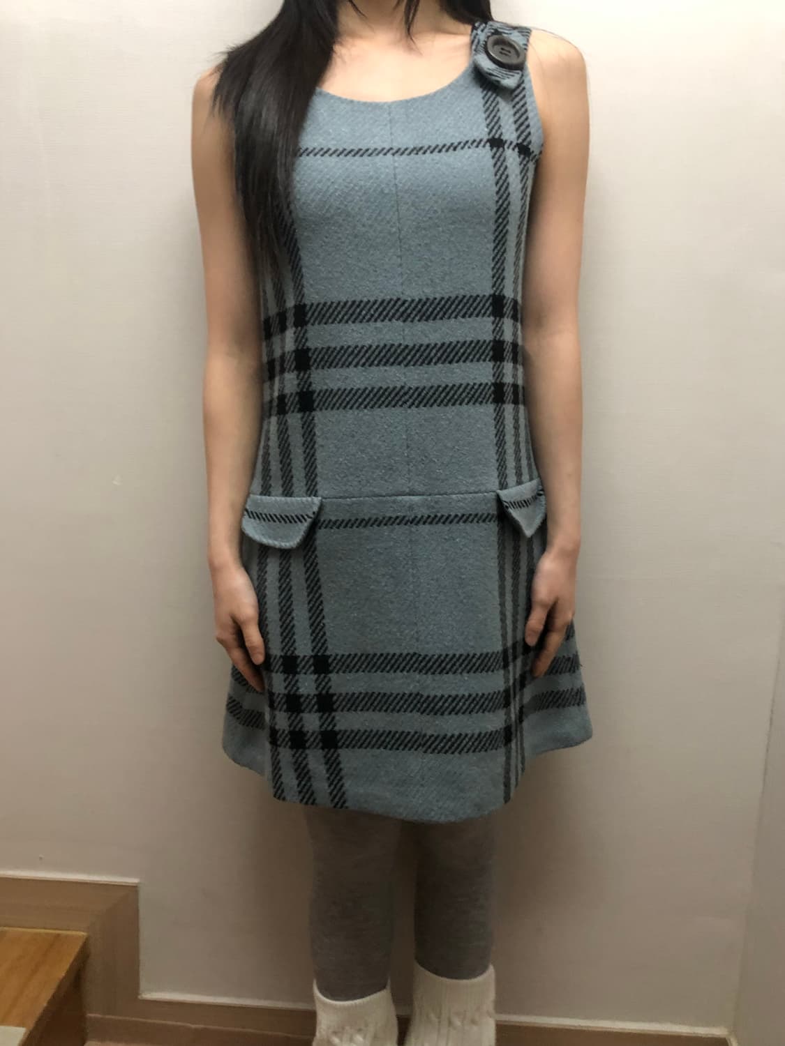 빈티지 블루 체크 포켓 울 원피스 상품이미지4