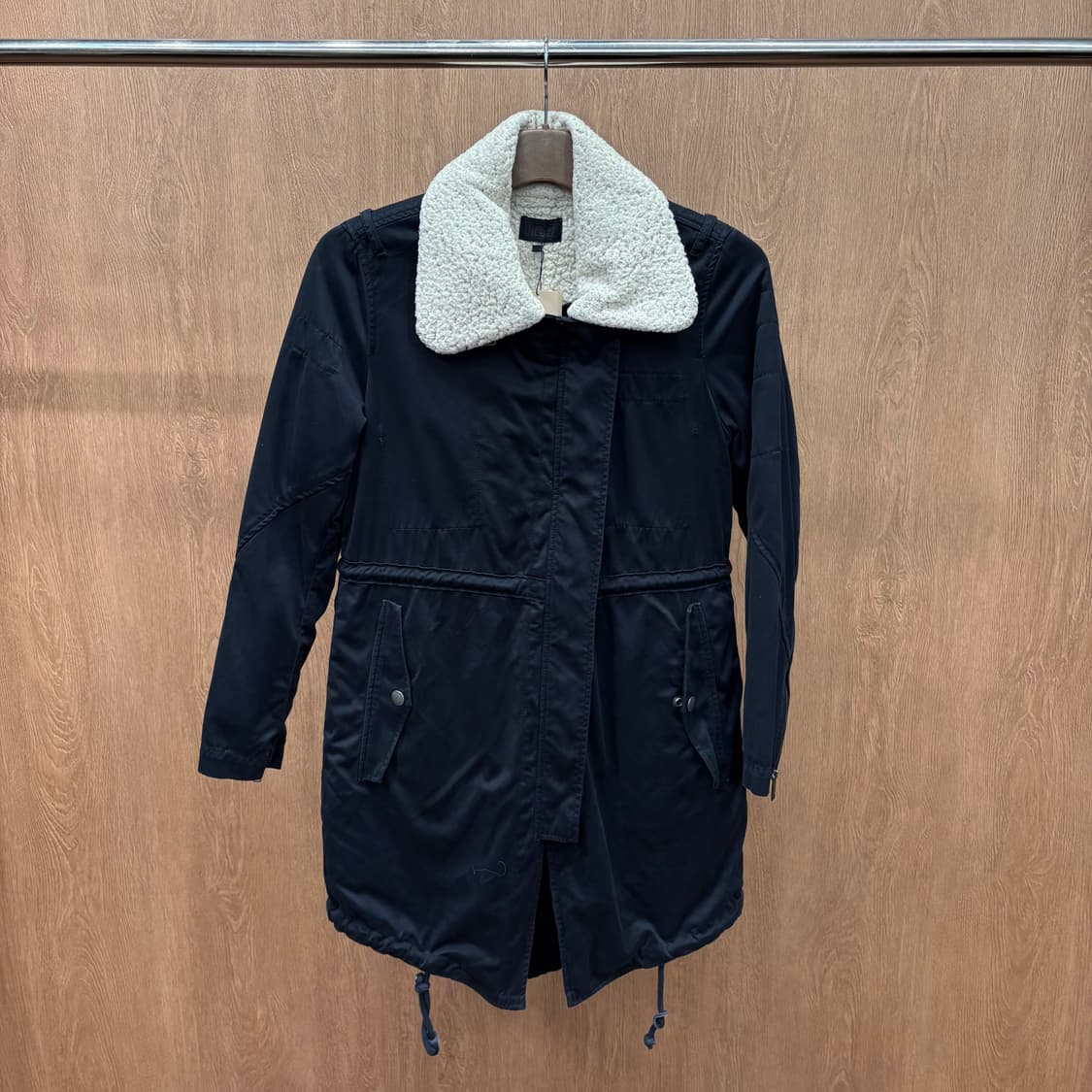 디젤 야상 롱 코트 플리스 배색 드로우 스트링 소매 지퍼 디테일 블랙 상품이미지2