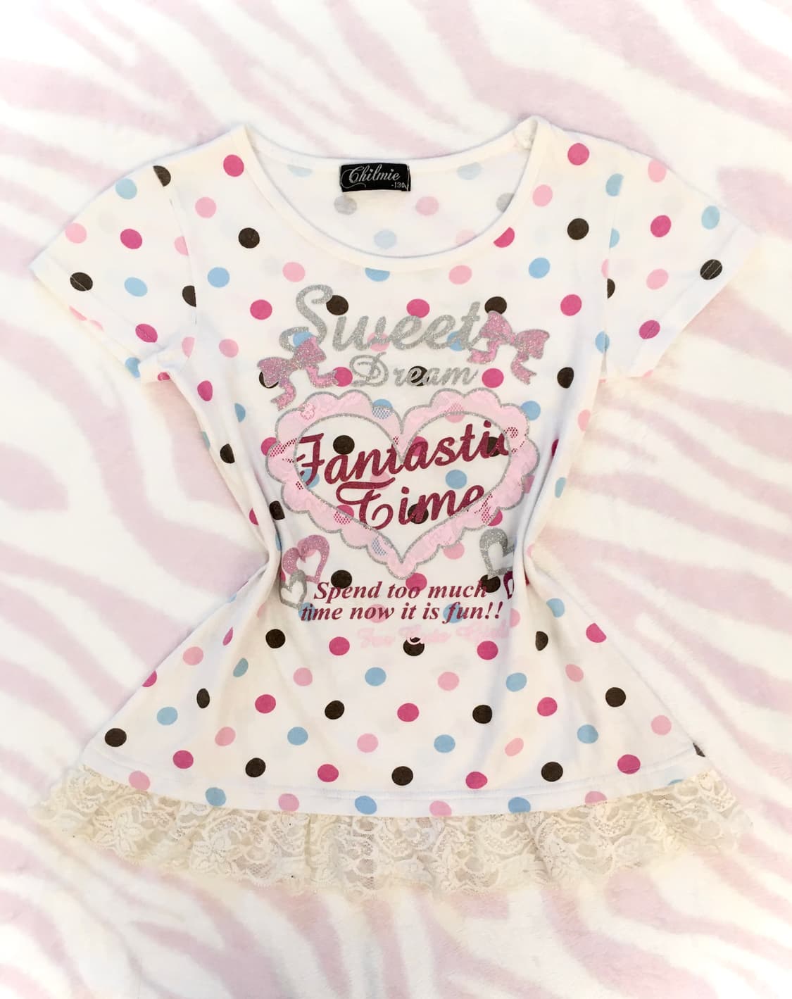 헤이세이 도트 땡땡이 하트 레터링 반팔 탑 히메갸루 조지후쿠 키치 상품이미지1