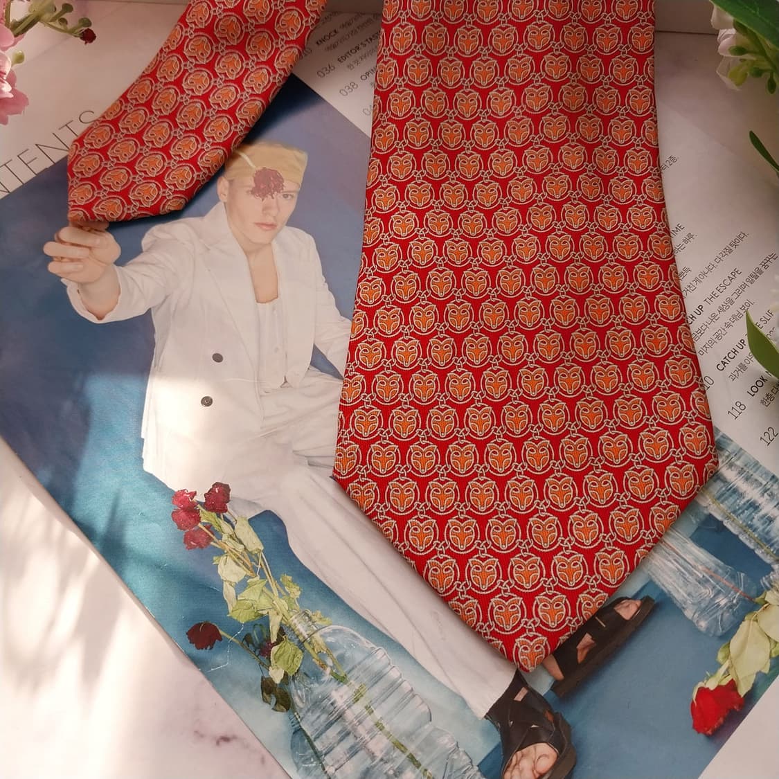 페라가모 실크 레드&오렌지 모티프 넥타이 9.9cm A+등급 K1570 상품이미지4