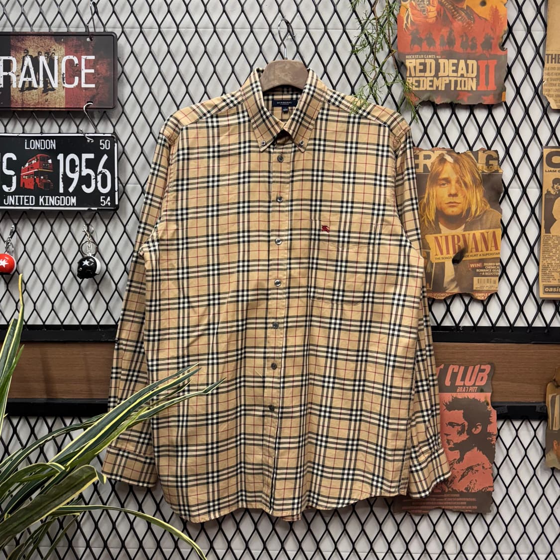 00s 버버리 긴팔 셔츠 노바체크 패턴 레드 기사 로고 브라운 상품이미지1