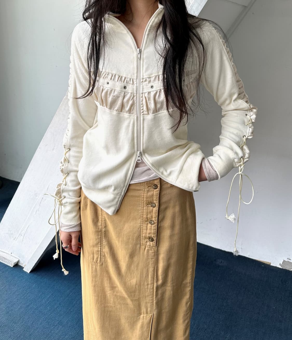 Cotton velour cloth desiign shirring zip 상품이미지10