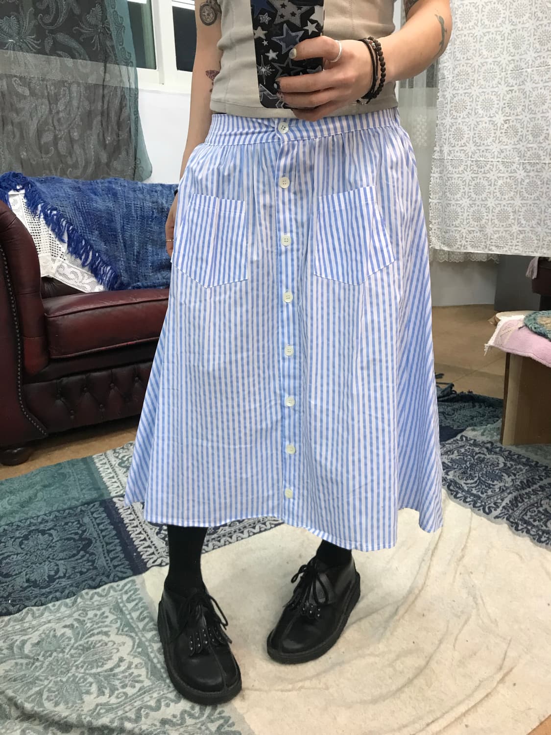 여성 밴딩 스트라이프 미디스커트  상품이미지1