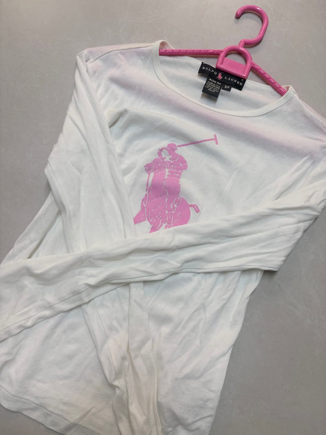 폴로 랄프로렌 화이트 핑크 슬림핏 슬리브 롱 긴팔 티셔츠 흰핑 상품이미지1