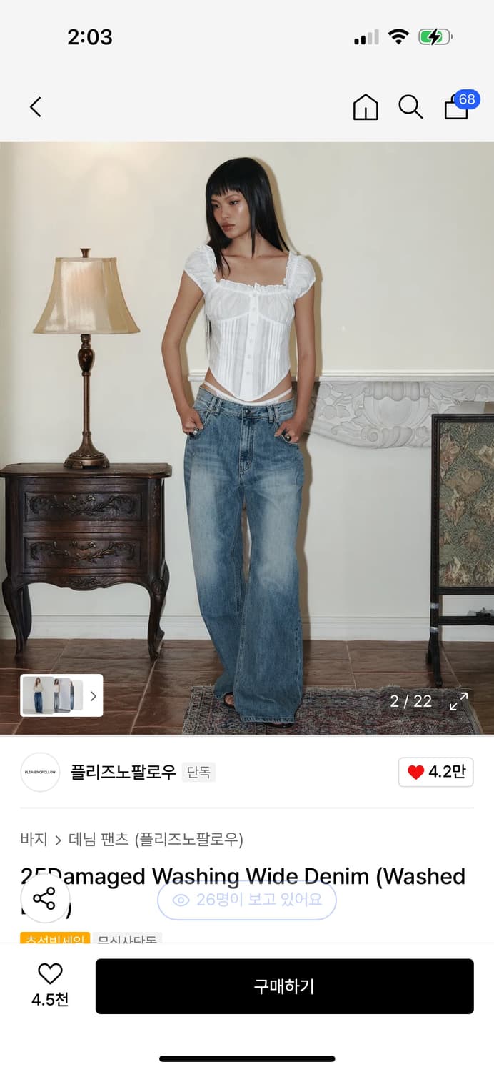 플리즈노팔로우 25Damaged Washing Wide Denim 청바지 상품이미지2