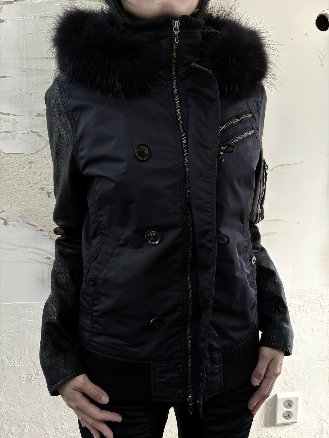 “FUGA"leather fur navy Bomber jacket 상품이미지3