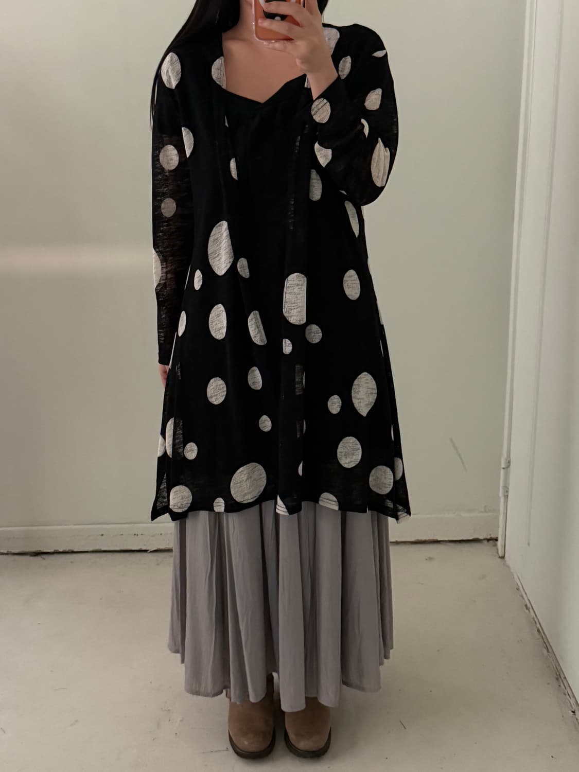 일본빈티지 폴카 도트 롱가디건 로브 상품이미지1