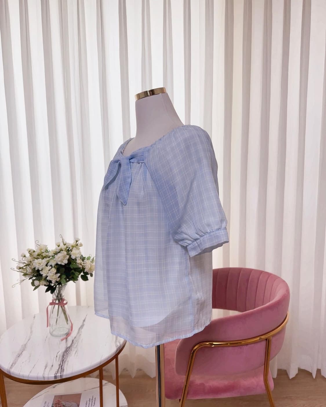 쉬폰 체크 벌룬소매 리본 블라우스 상품이미지8