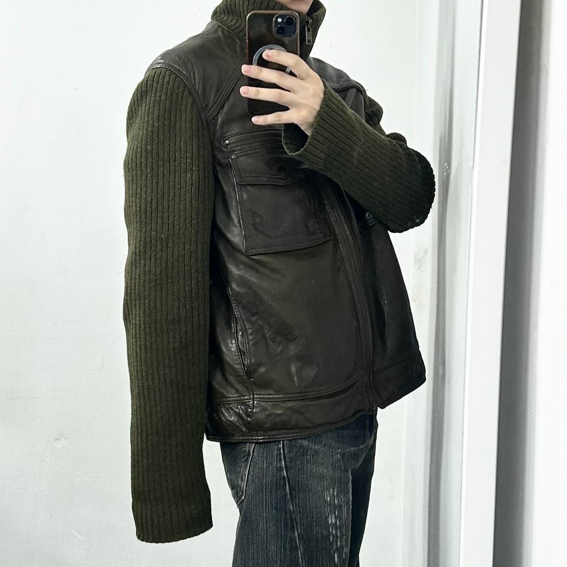 DKNY 하이넥 니트암 양가죽 자켓 상품이미지3