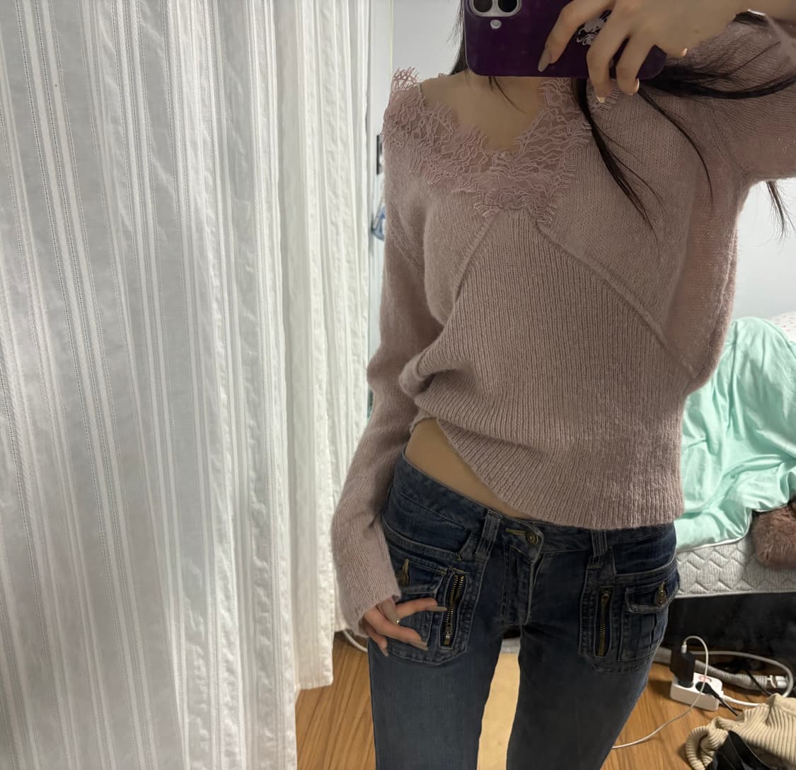 VINTAGE 레이스 브이넥 니트 상품이미지1