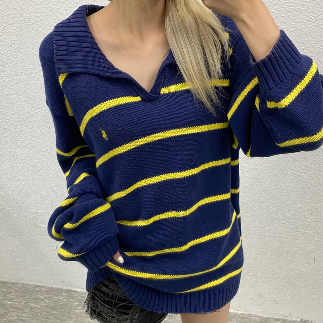폴로 랄프로렌 옐로우포니 네이비 카라 니트 XXL 상품이미지1