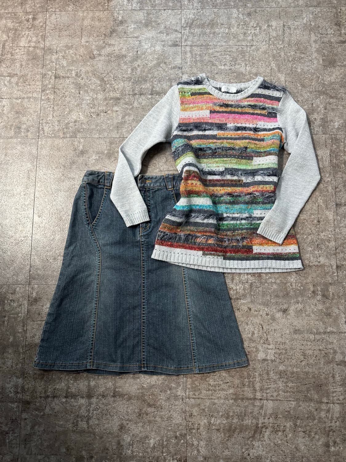 멀티 컬러 울 니트 스티치 데님 스커트 2pcs SET 상품이미지1