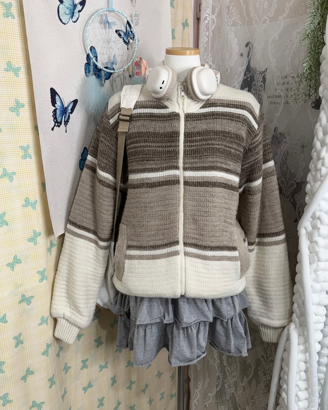 아이보리 & 브라운 뽀글이 니트 집업 자켓 상품이미지1