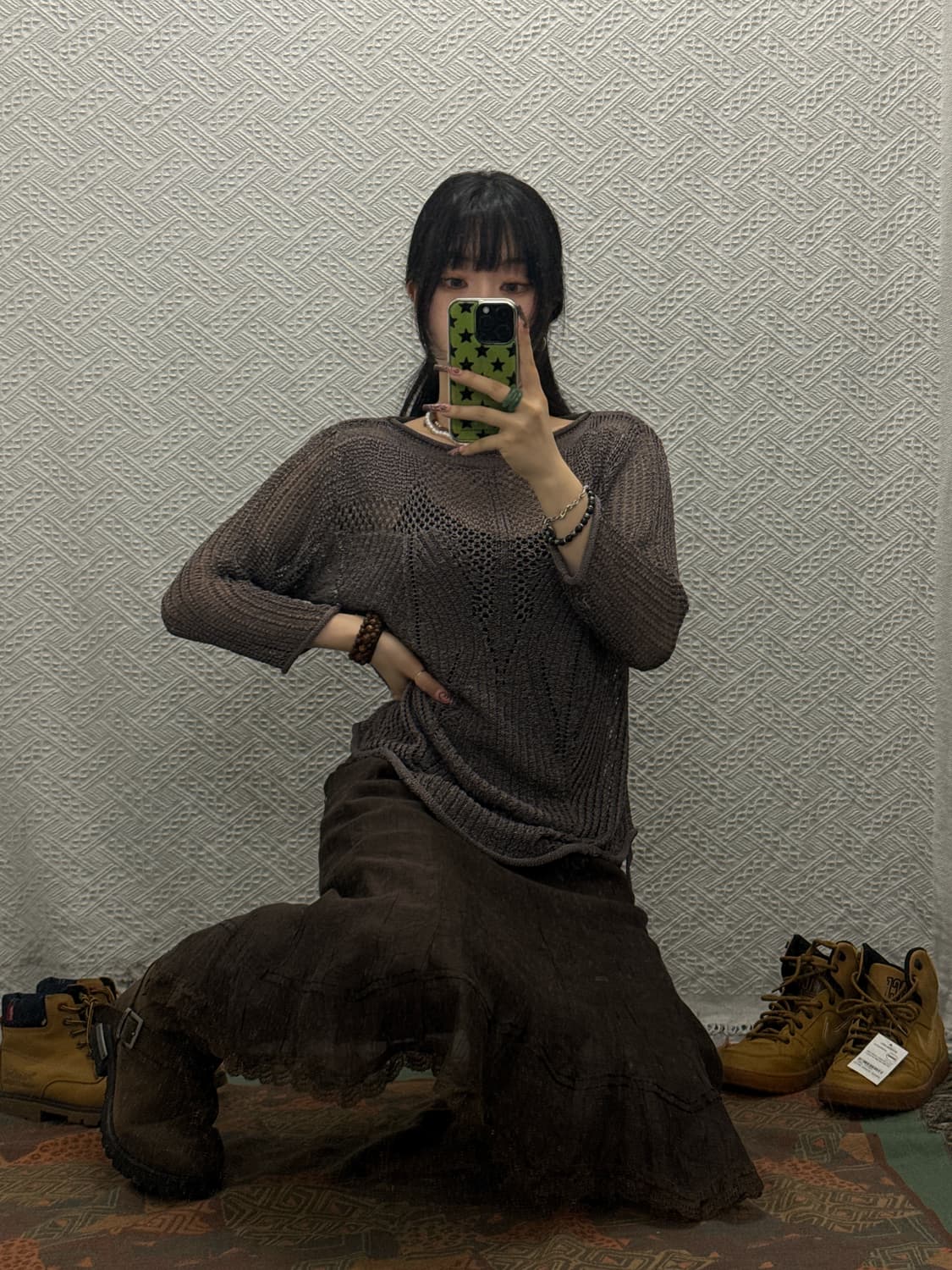빈티지 캐주얼 시스루 초코브라운 셔링 그물 니트 K0279 상품이미지1