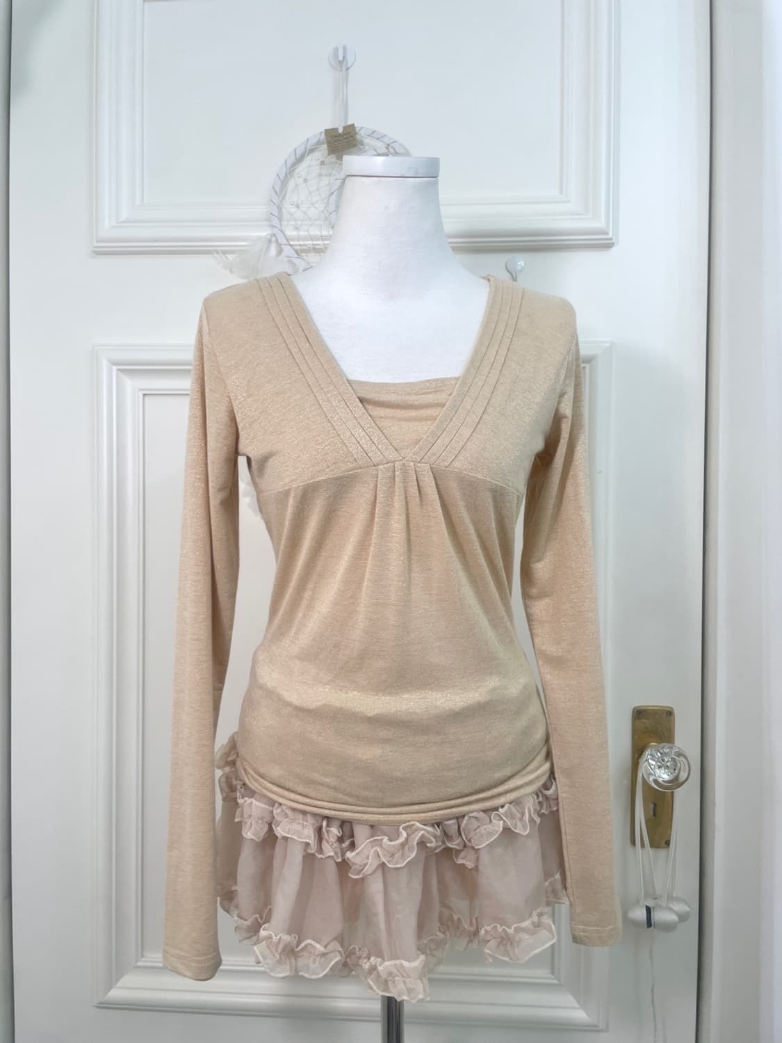 beige glitter v-neck pleats slim knit to 상품이미지5