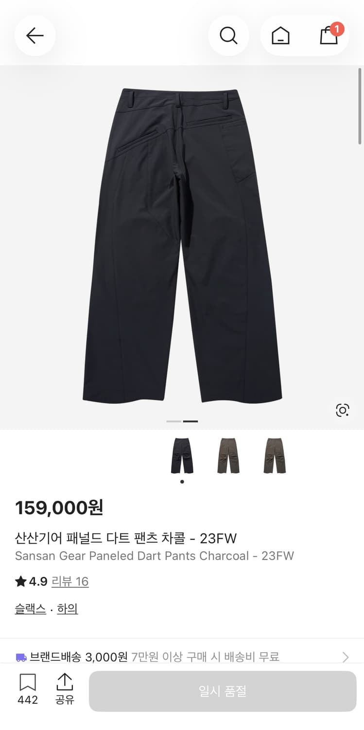 산산기어 패널드 다트 팬츠 2사이즈 차콜 상품이미지1